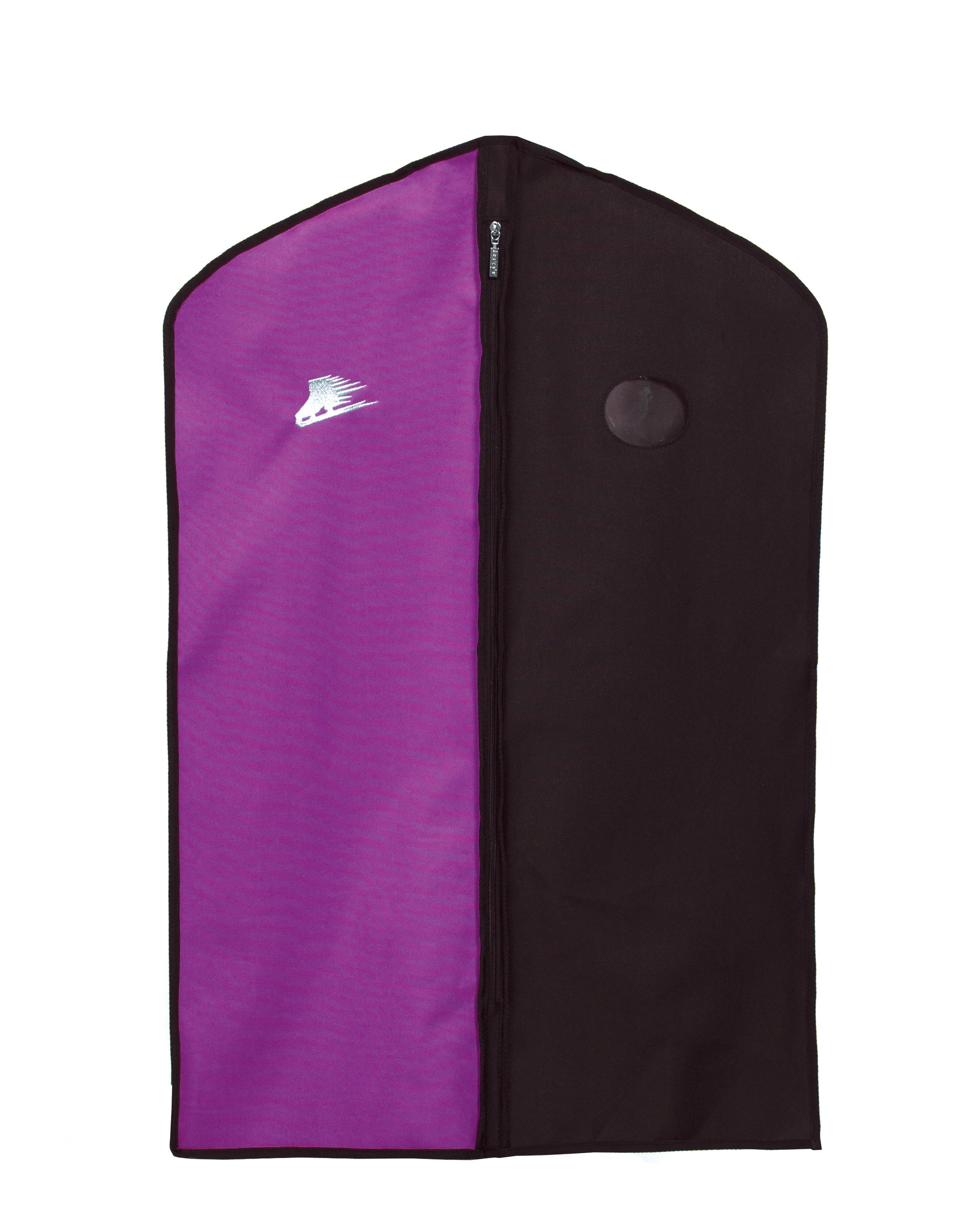 a purple piece of luggage sitting on top of a table 