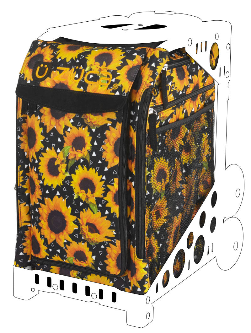 a close up of a yellow and black suitcase